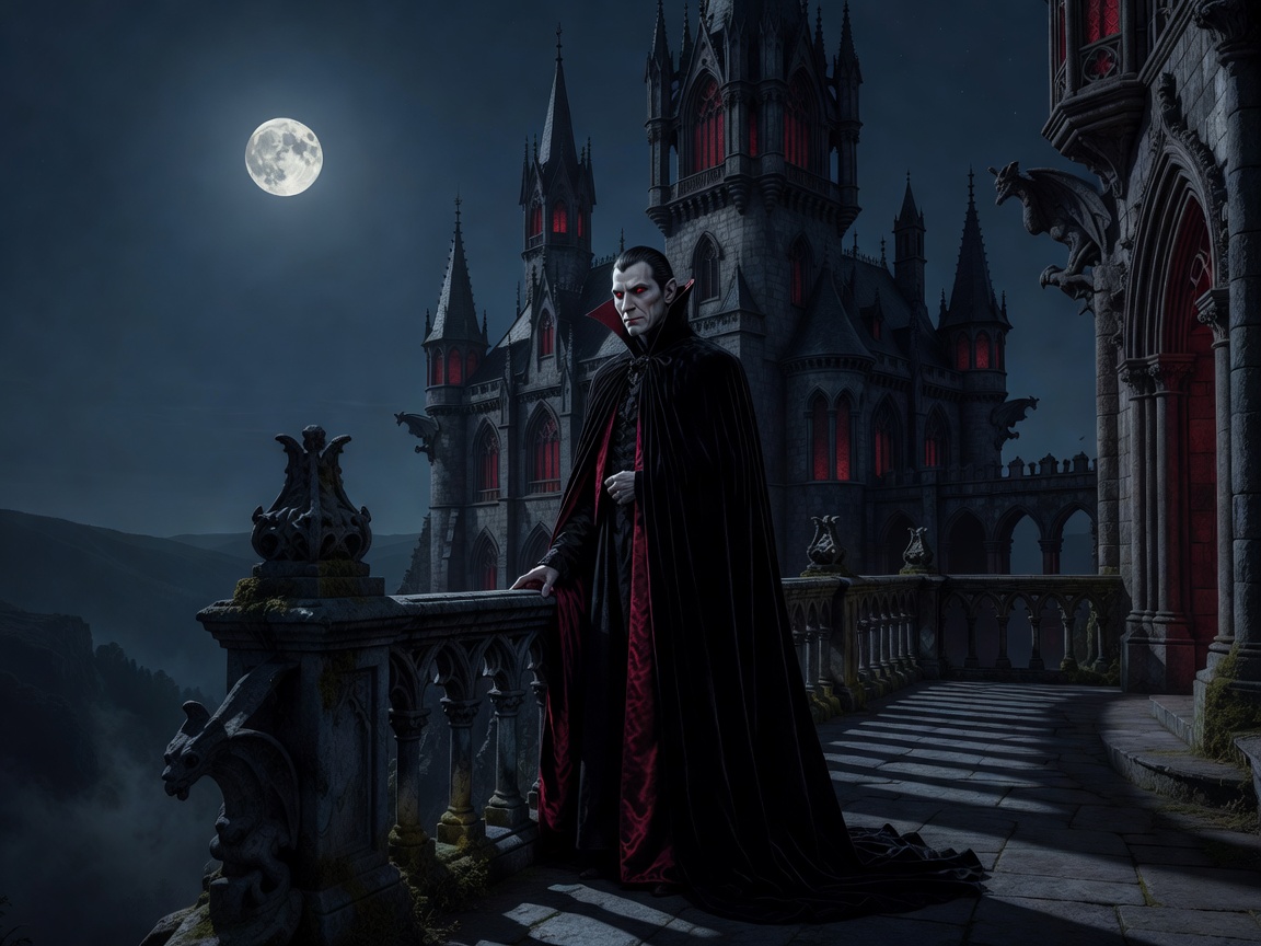 Dracula character overlooking a moonlit gothic castle balcony with dark red tones