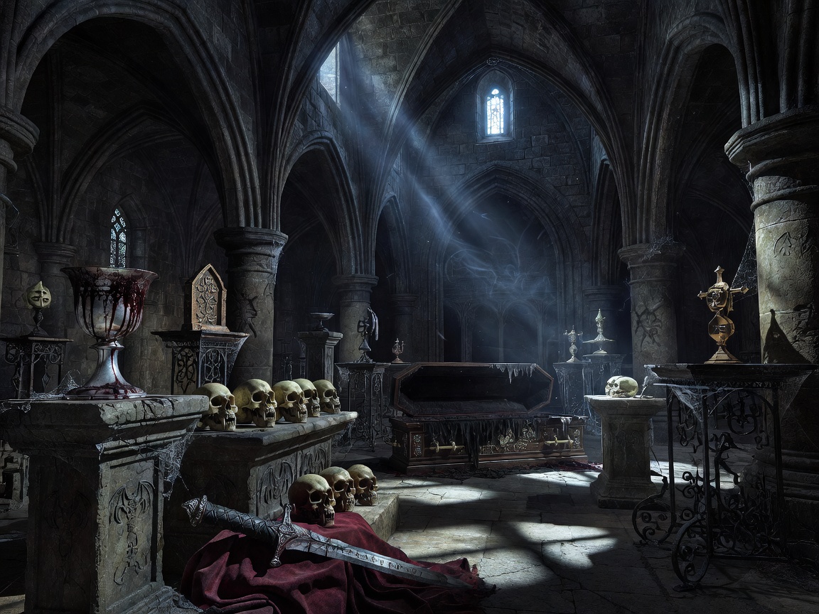 Gothic treasure room filled with ancient vampire relics and dark stone architecture
